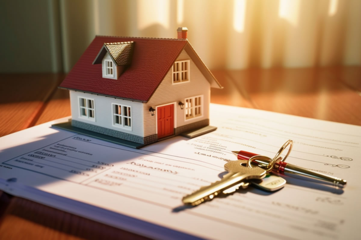 Miniature d’une maison posée sur des documents avec des clés